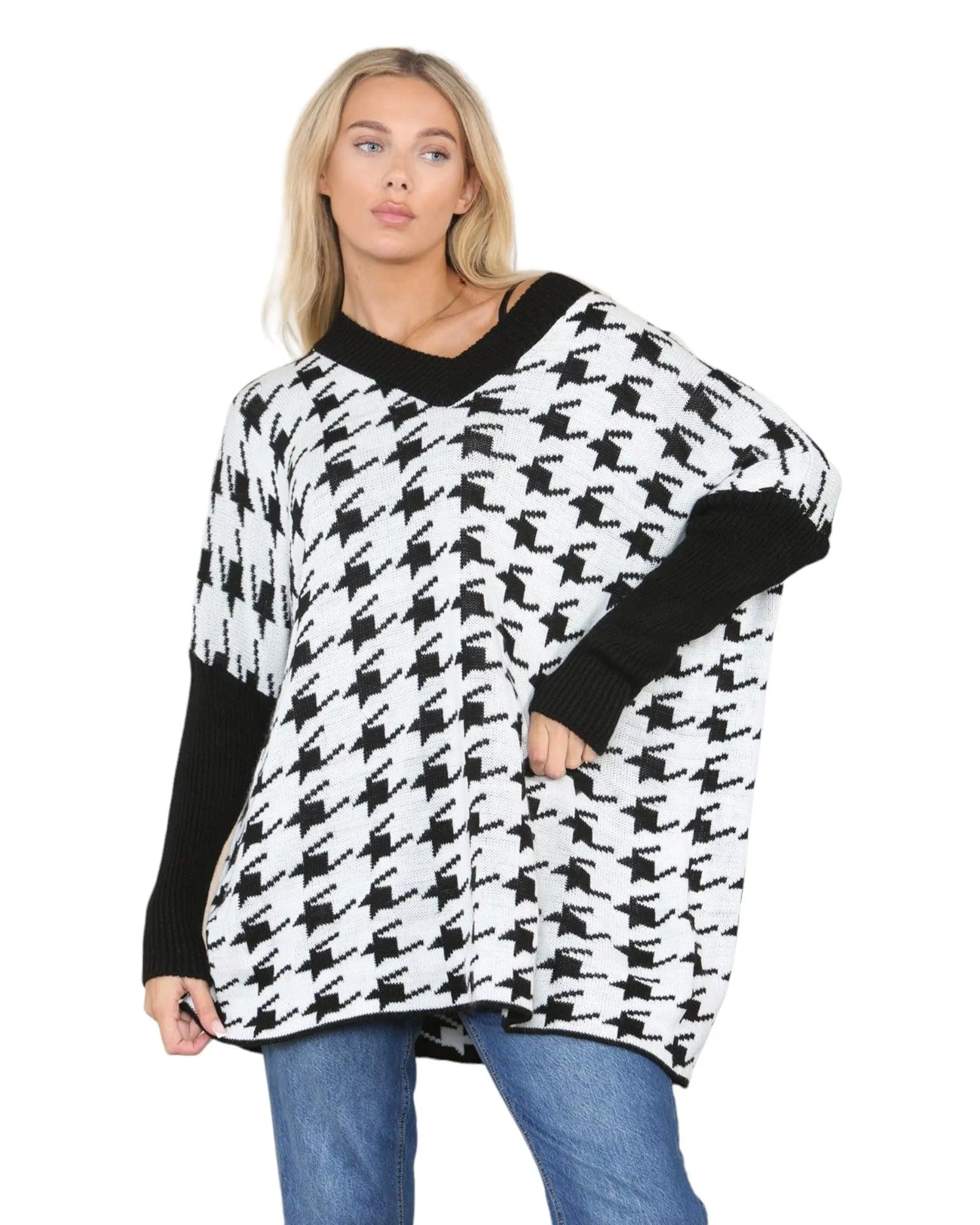 Dog Tooth Print High Neck Knitted Jumper Top