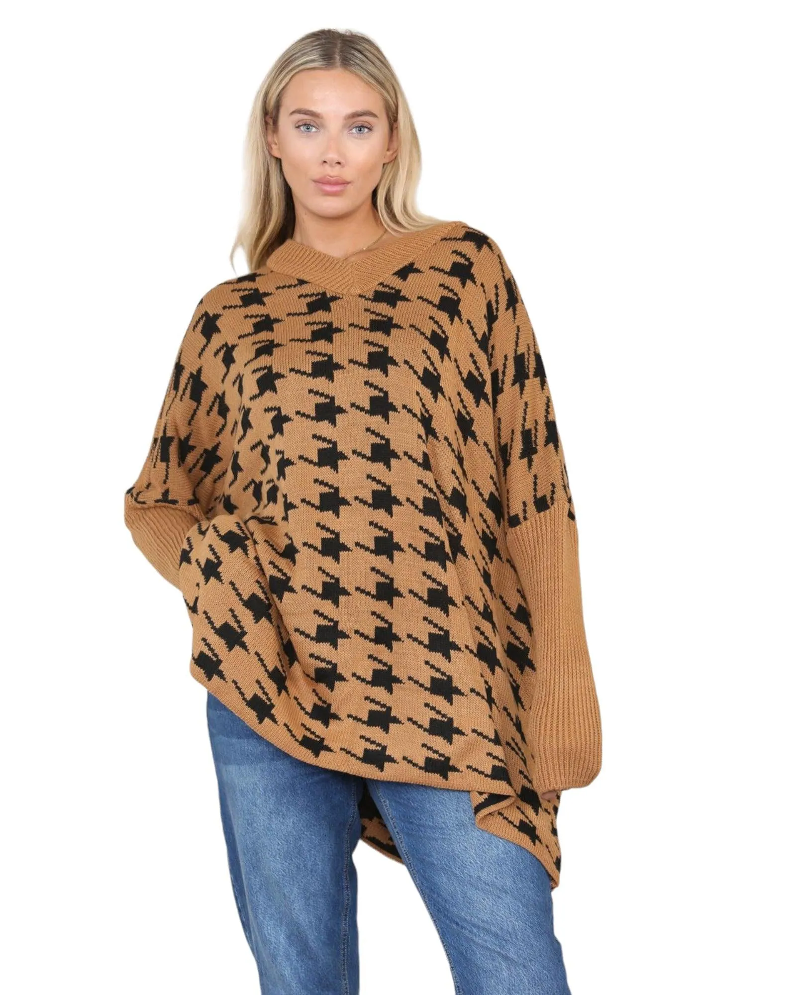 Dog Tooth Print High Neck Knitted Jumper Top