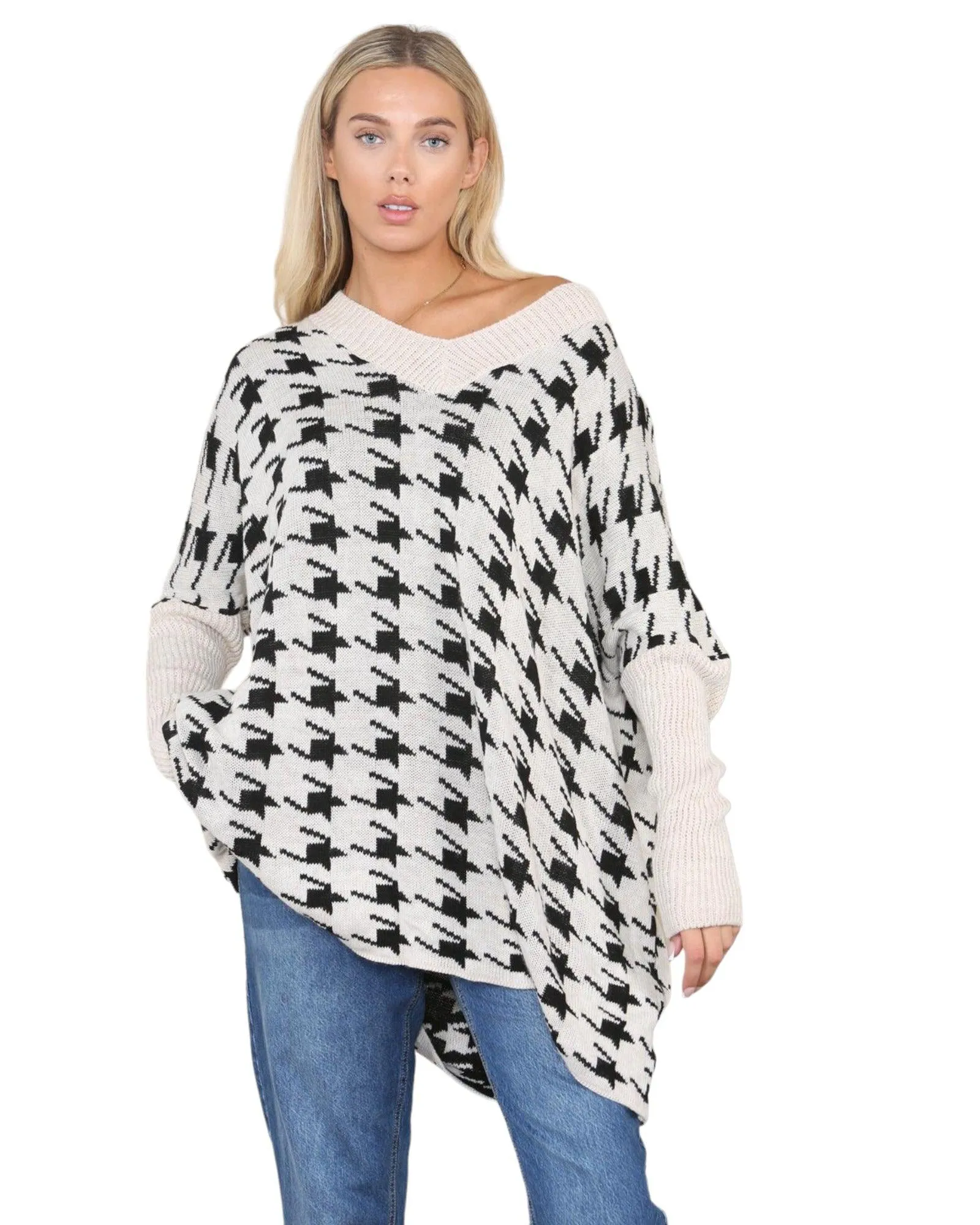 Dog Tooth Print High Neck Knitted Jumper Top