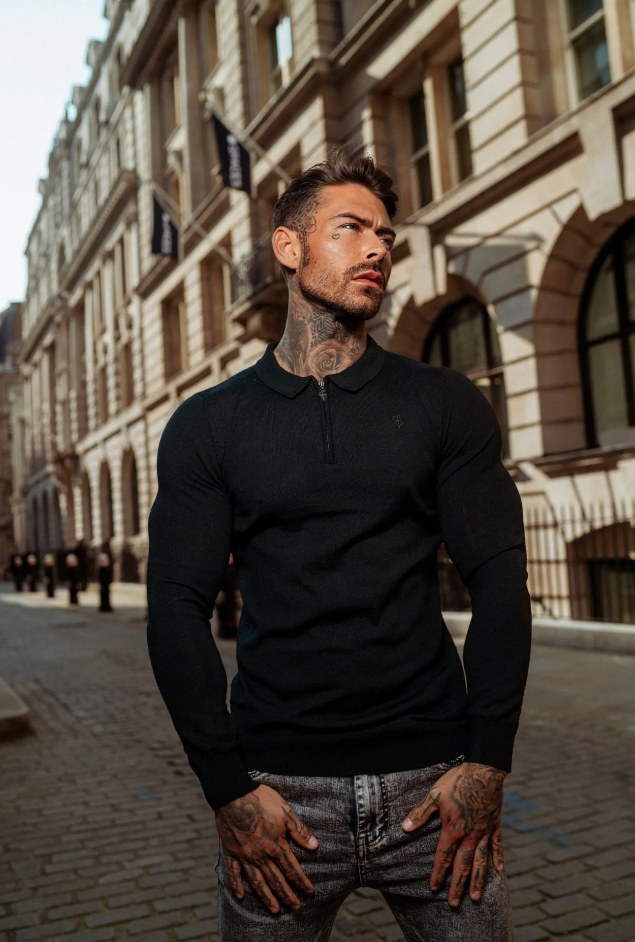 Father Sons Classic Black Merino Wool Knitted Zip Polo Long Sleeve Jumper With FS Embroidery- FSN010