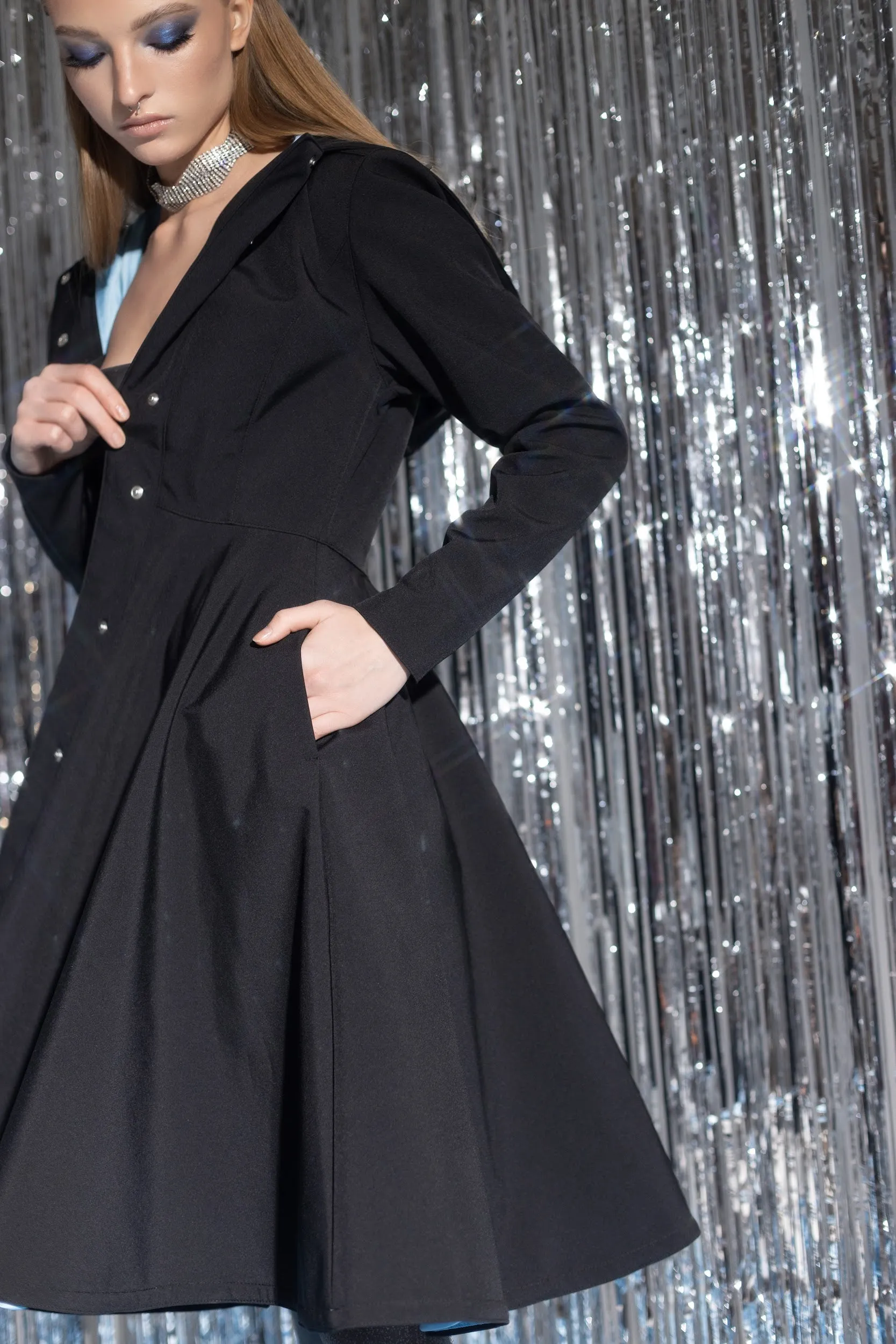 Fit and Flare Black Coat with Full Circle Skirt and Sapphire Blue Lining  | 'Black Sapphire'