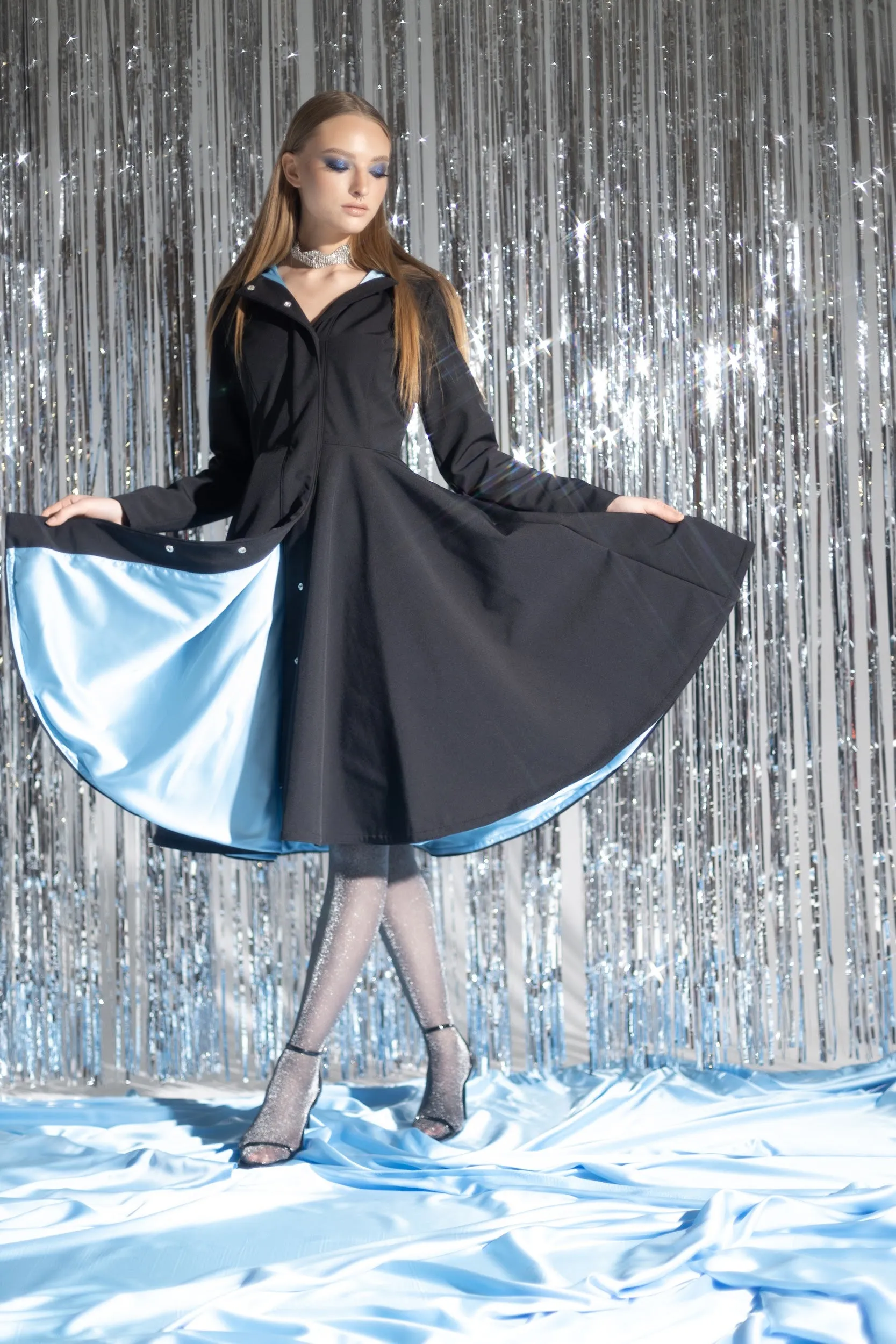 Fit and Flare Black Coat with Full Circle Skirt and Sapphire Blue Lining  | 'Black Sapphire'