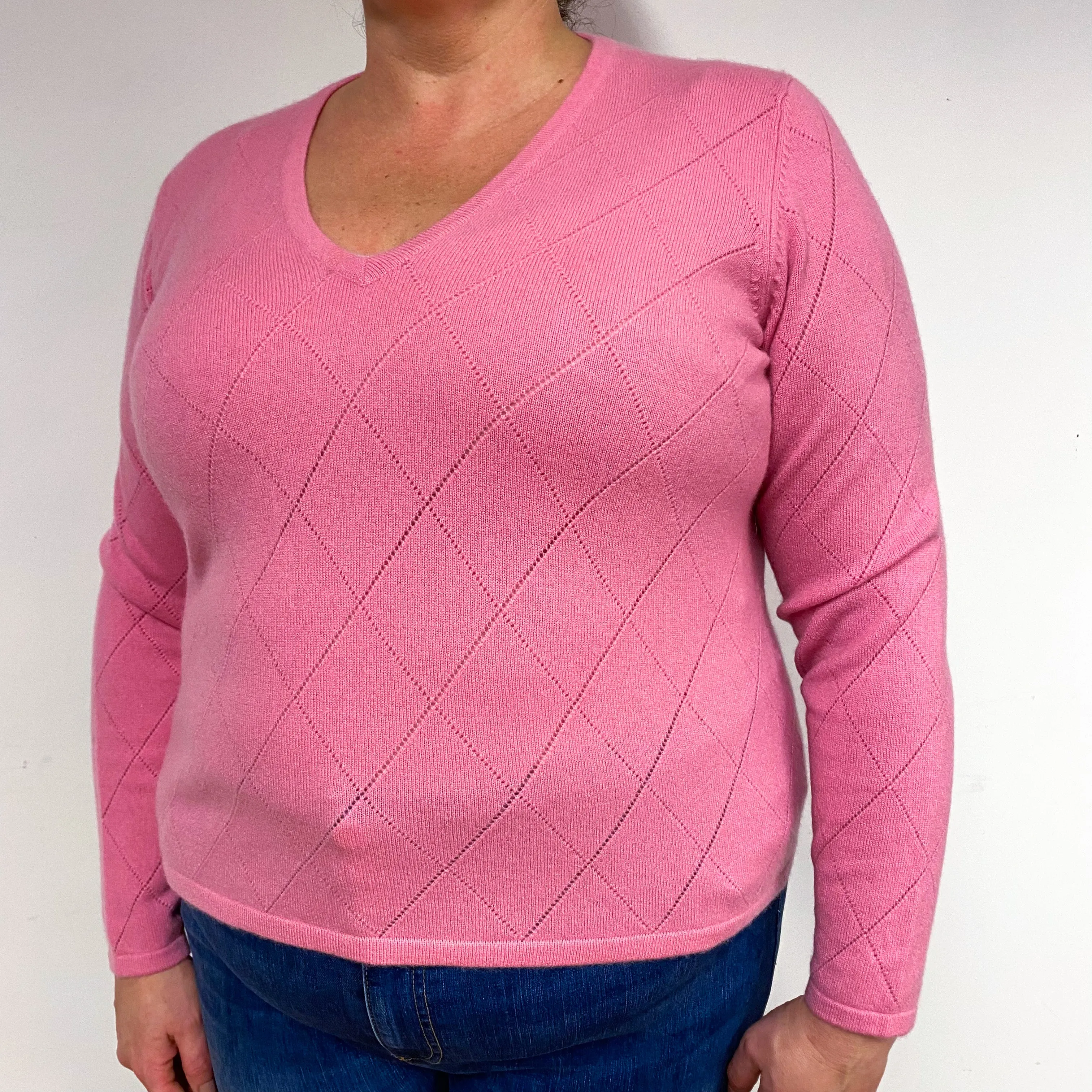 Flamingo Pink Cashmere V-Neck Jumper Extra Large