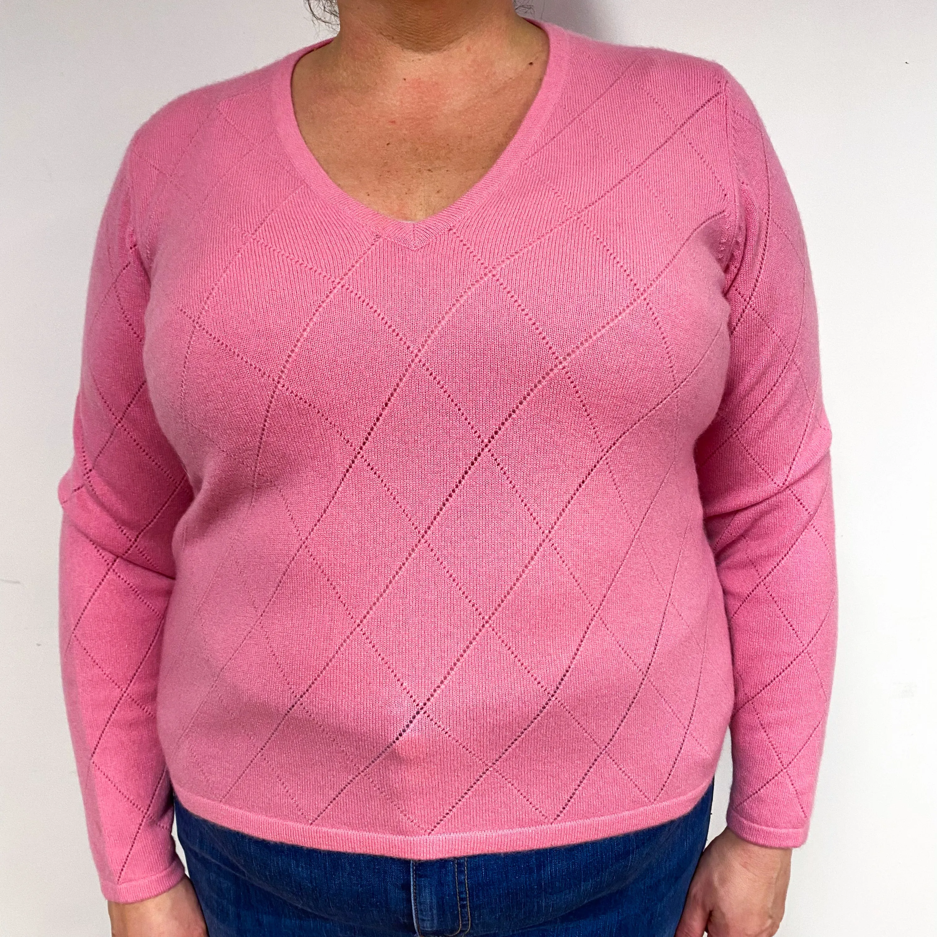 Flamingo Pink Cashmere V-Neck Jumper Extra Large