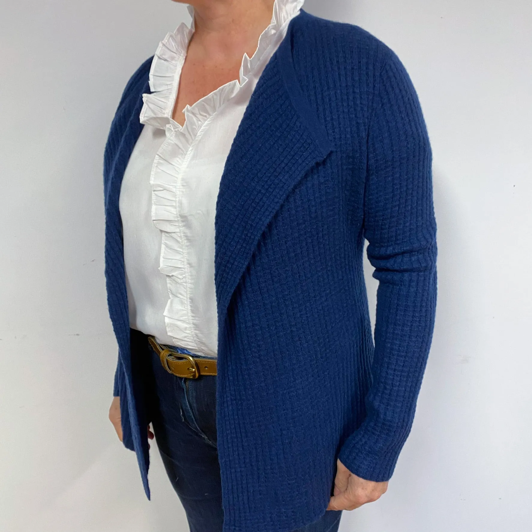 French Navy Blue Waffle Edge to Edge Cashmere Cardigan Large