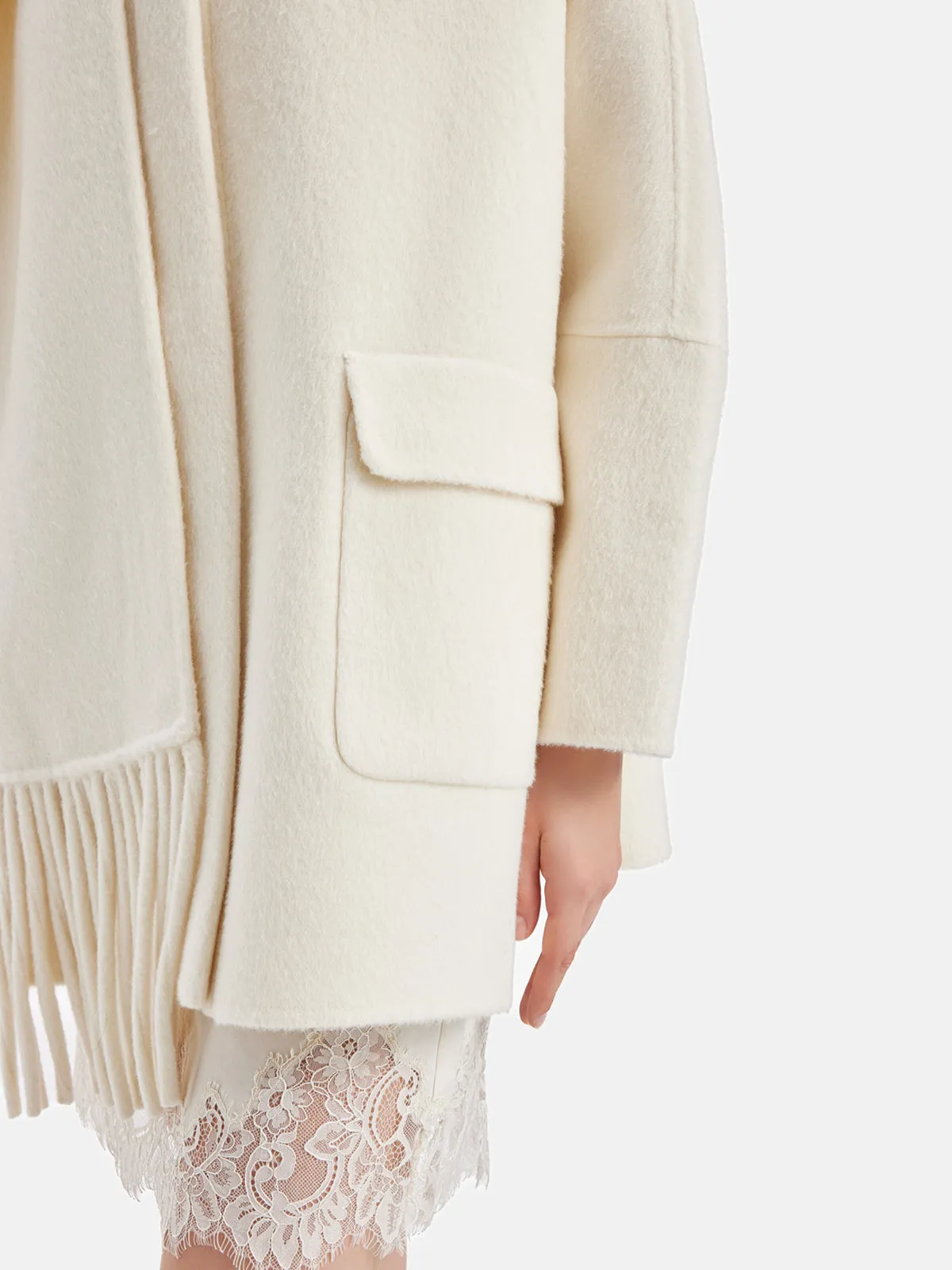 Fringe Neck Scarf Cashmere Coat - Star Queen