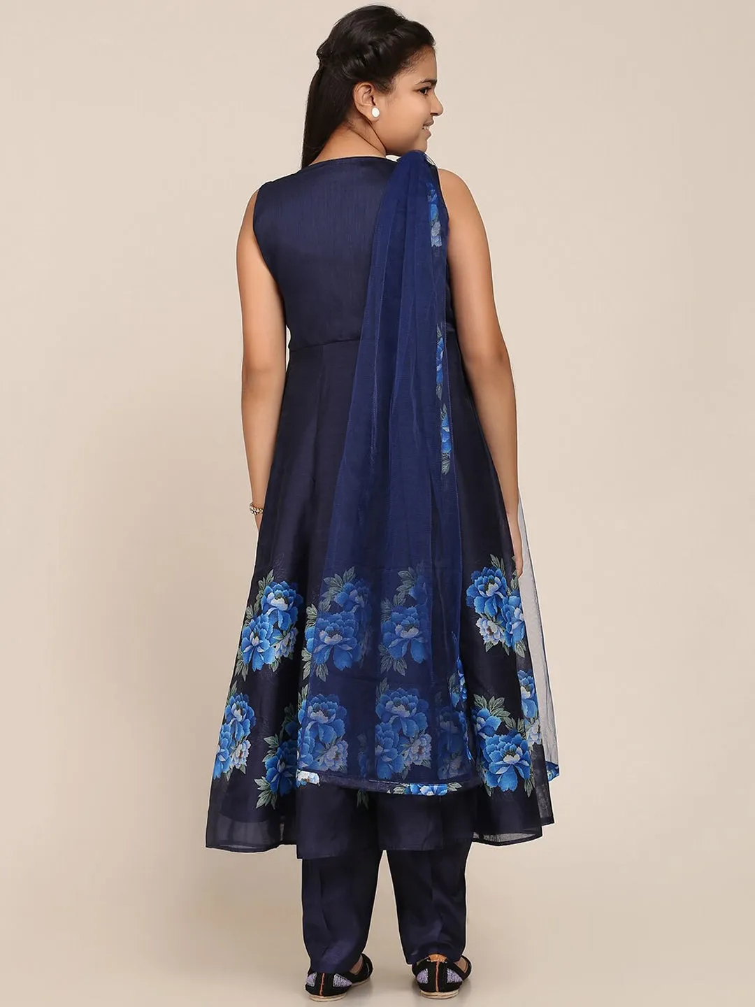 Girl's Navy Blue Floral Printed Panelled Kurta with Trousers & With Dupatta - NOZ2TOZ KIDS