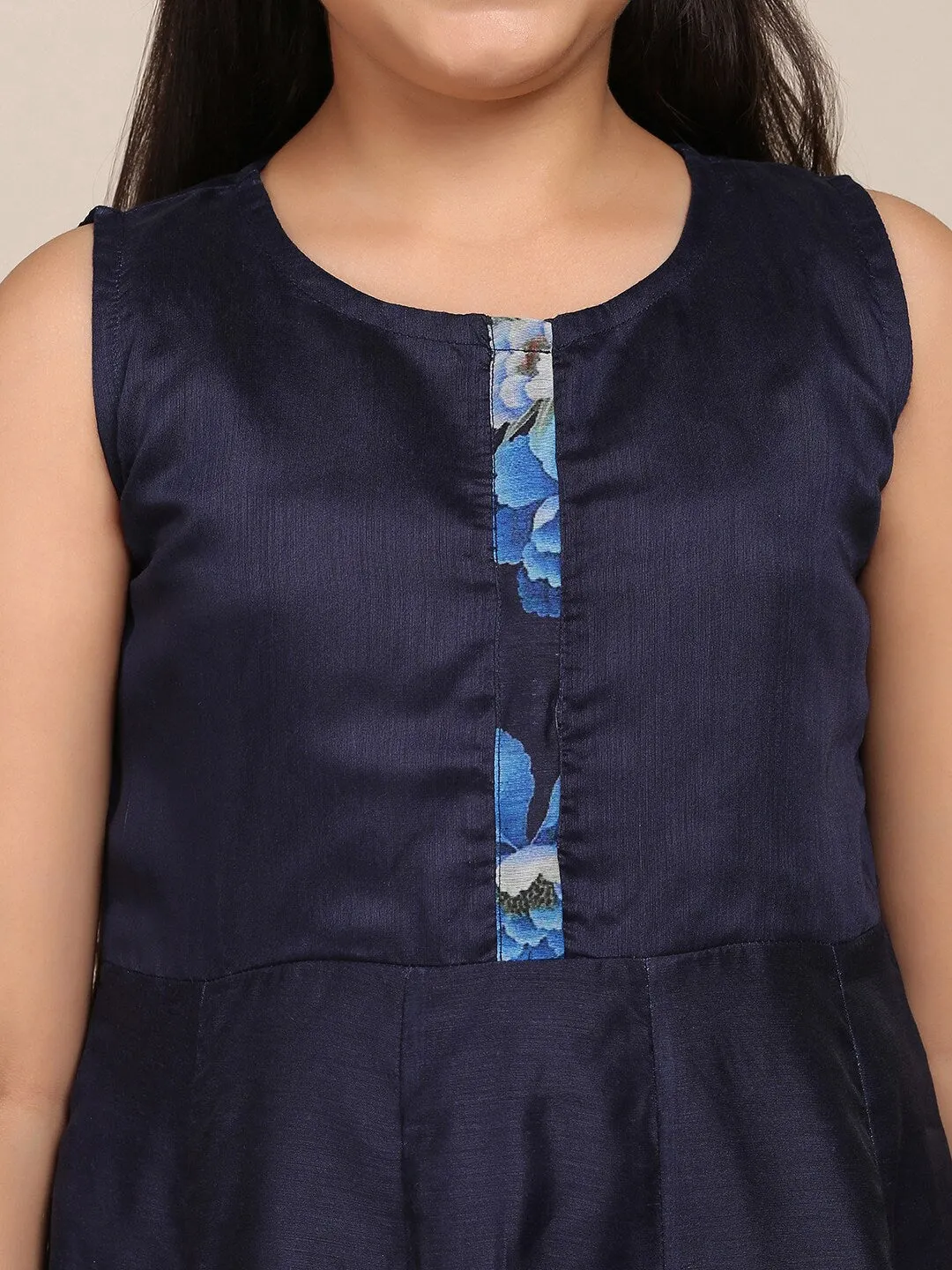 Girl's Navy Blue Floral Printed Panelled Kurta with Trousers & With Dupatta - NOZ2TOZ KIDS