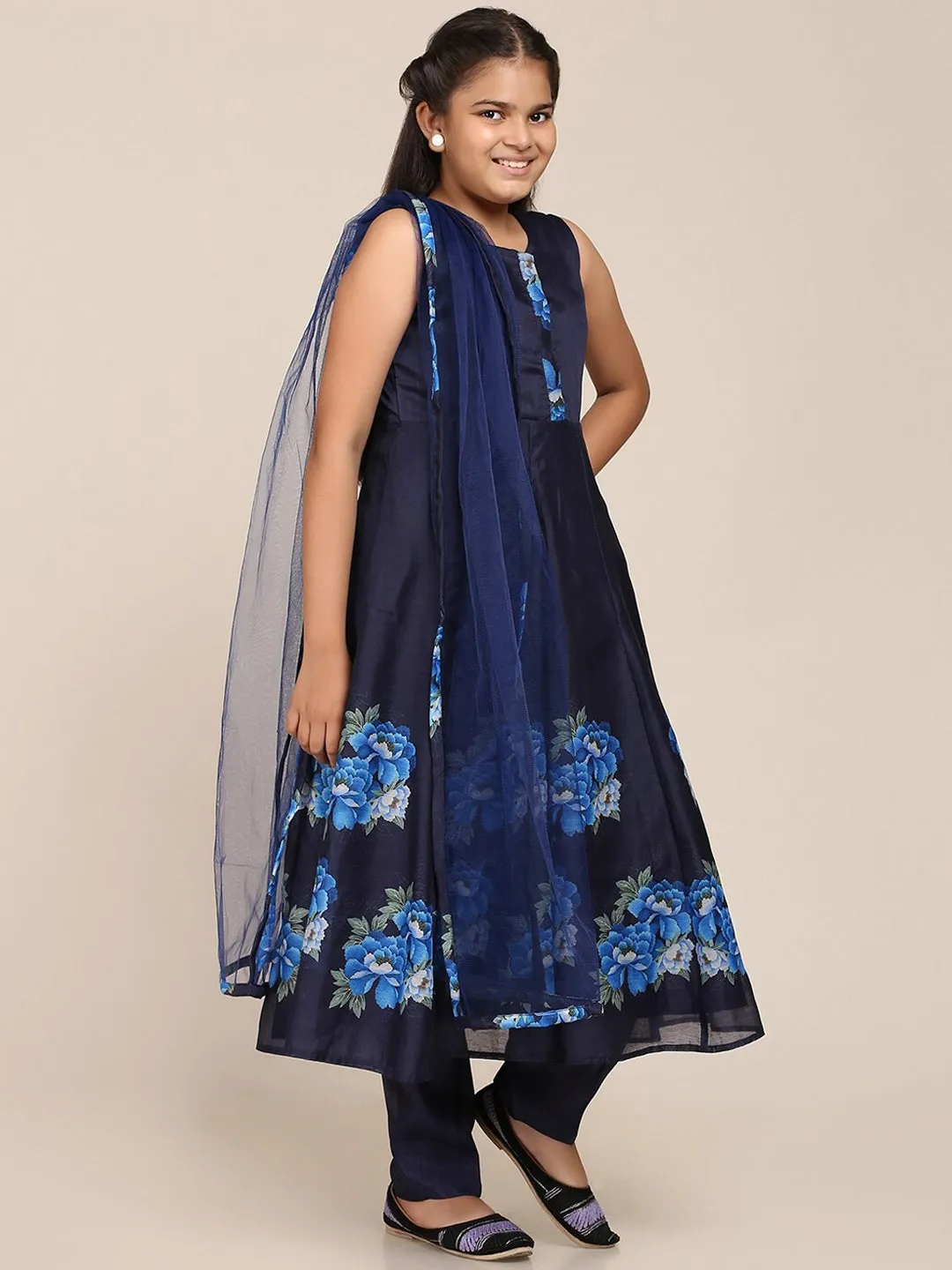 Girl's Navy Blue Floral Printed Panelled Kurta with Trousers & With Dupatta - NOZ2TOZ KIDS