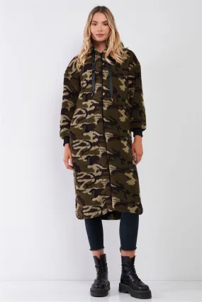 Green Camo Polar Fleece Zip-Up Front Fuzzy Midi Coat Jacket /1-2-2