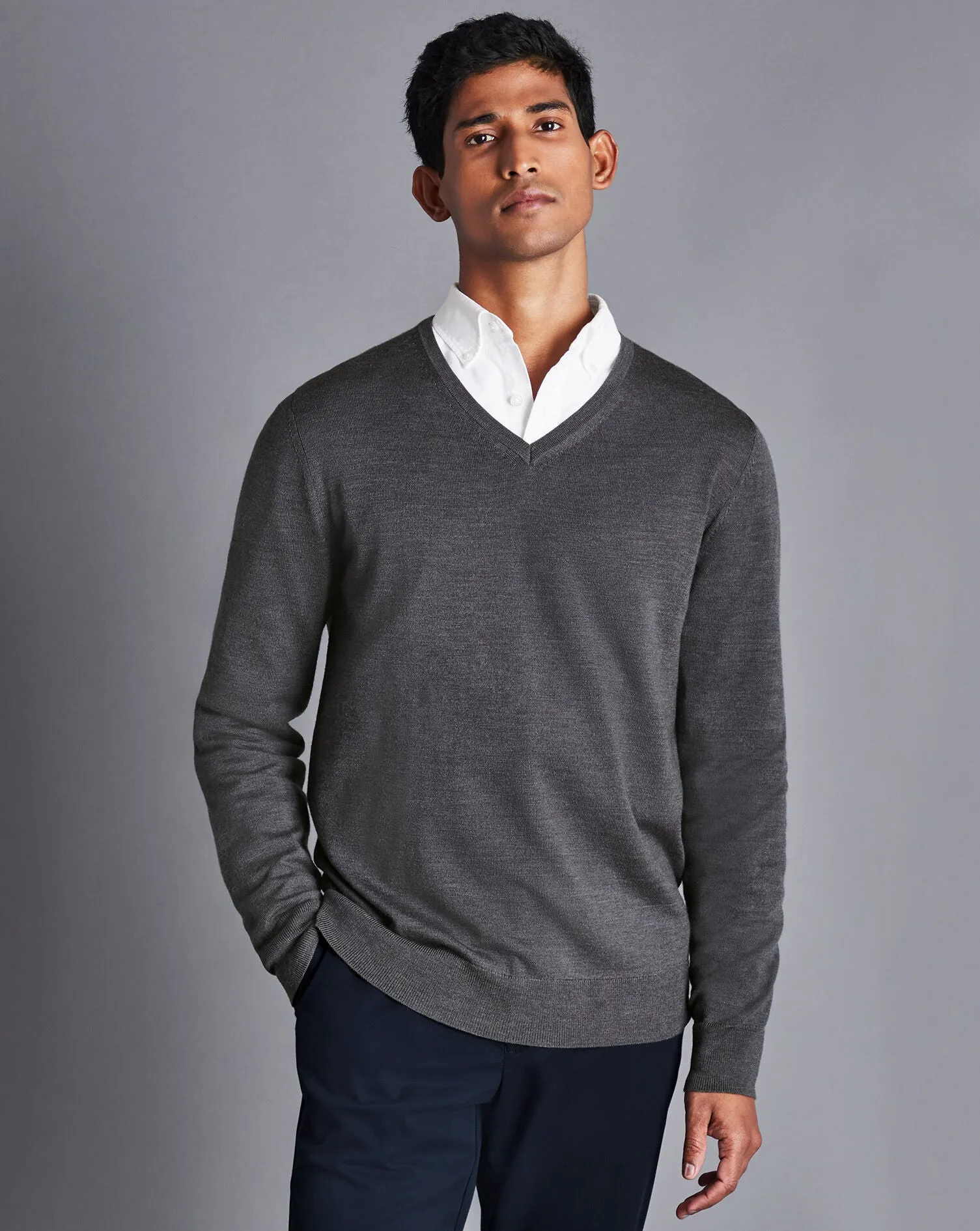 Grey Pure Merino V Neck Jumper