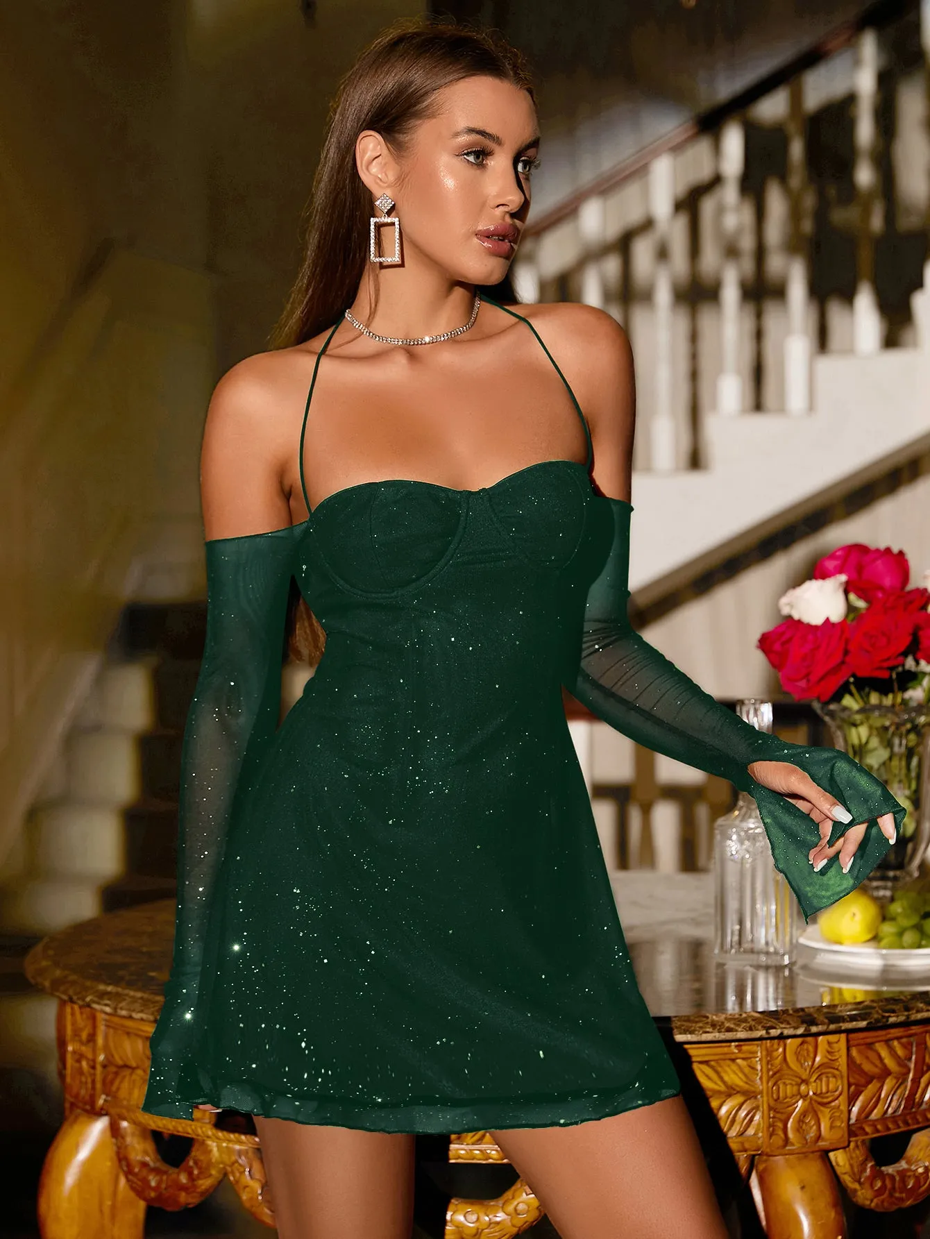 Halter Neck Flounce Sleeve Sparkly Mesh Dress