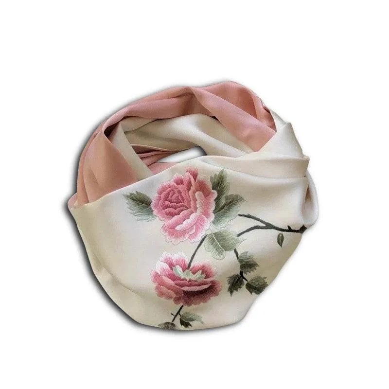 Handmade Su Embroidery 16 Momme Silk Scarf Peony 155x35cm