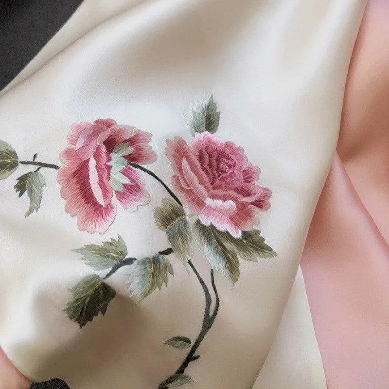 Handmade Su Embroidery 16 Momme Silk Scarf Peony 155x35cm