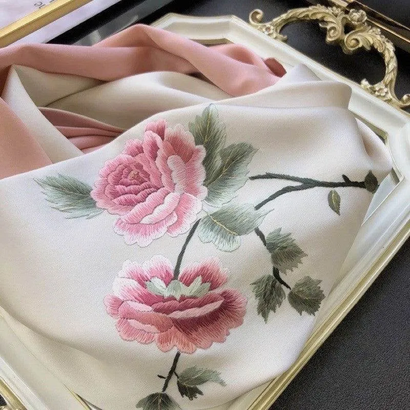 Handmade Su Embroidery 16 Momme Silk Scarf Peony 155x35cm