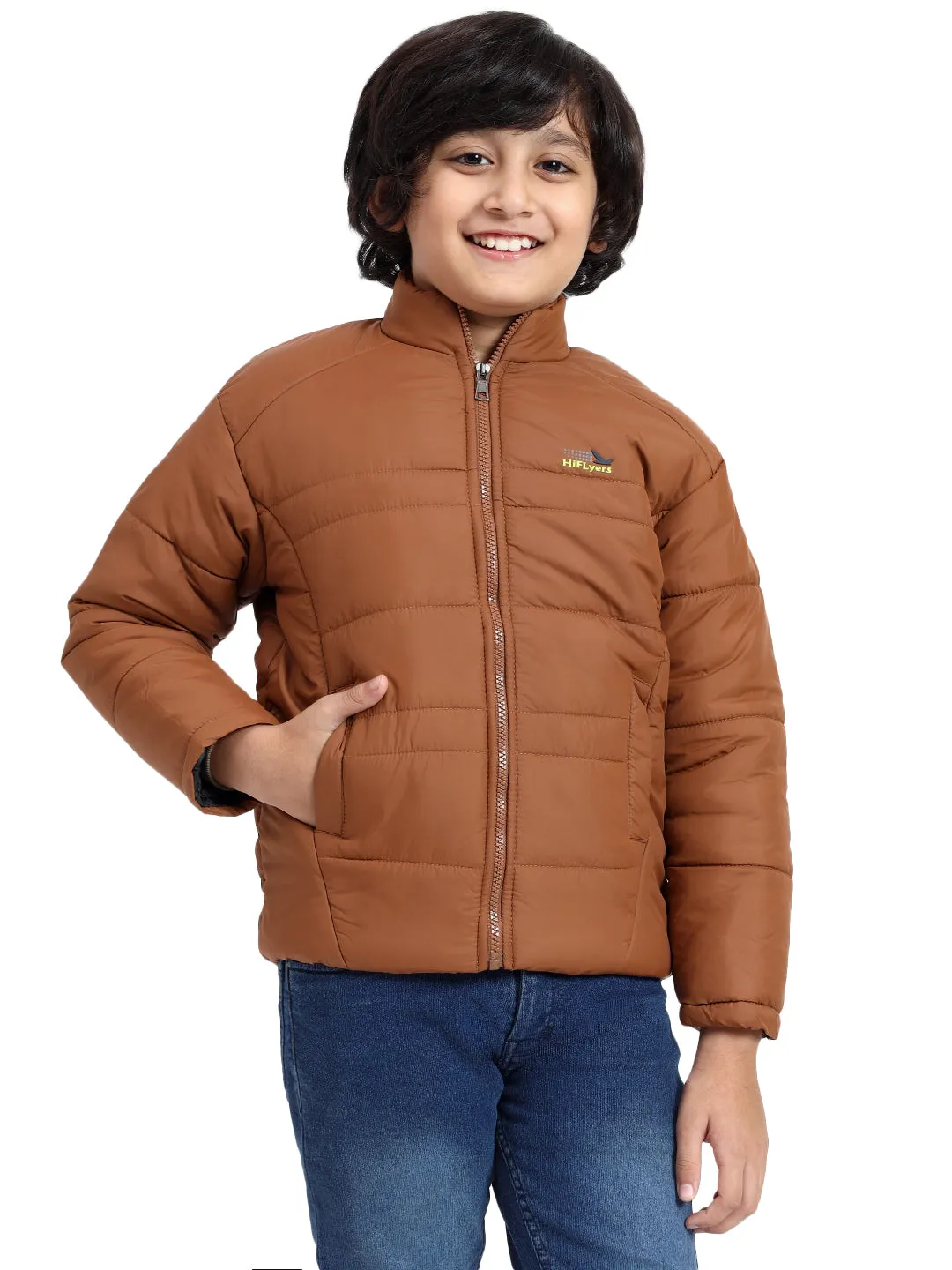 HiFlyers Boys Regular Fit | Polyster |Fluffy Full Sleeves |Quilted Insulation|High Neck Stand Collar|Zipper Jacket -Brown