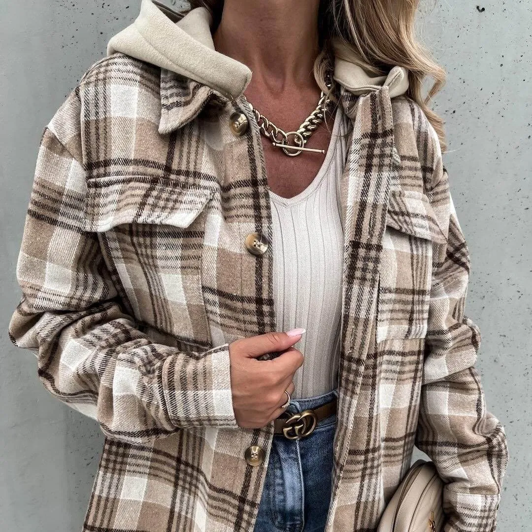 Hooded Loose Plaid Button Down Shirt Jacket