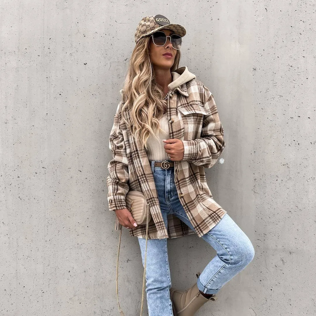 Hooded Loose Plaid Button Down Shirt Jacket