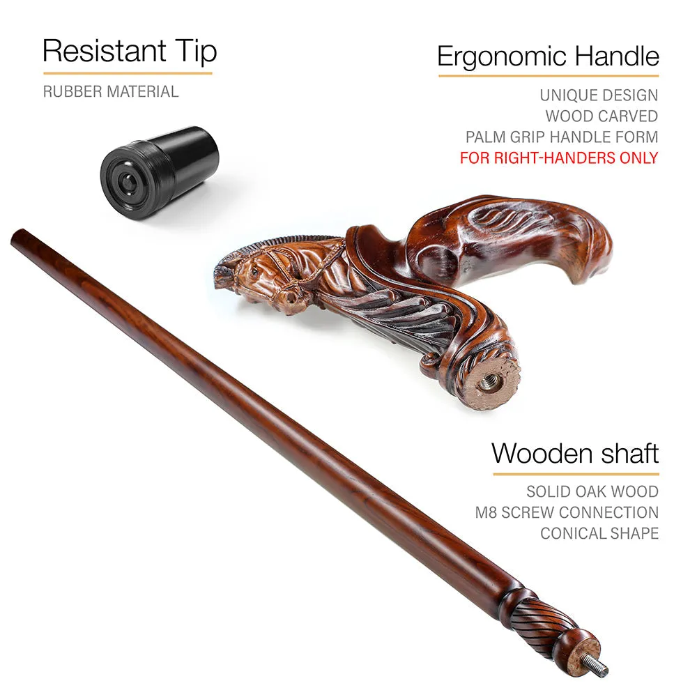 Horse Ergonomic Right Hand Artisan Intricate Handcarved Cane