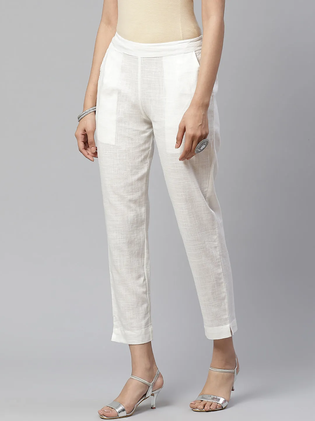 Jashvi Women Off-White Comfort Regular Fit Solid Cotton Cigarette Trousers