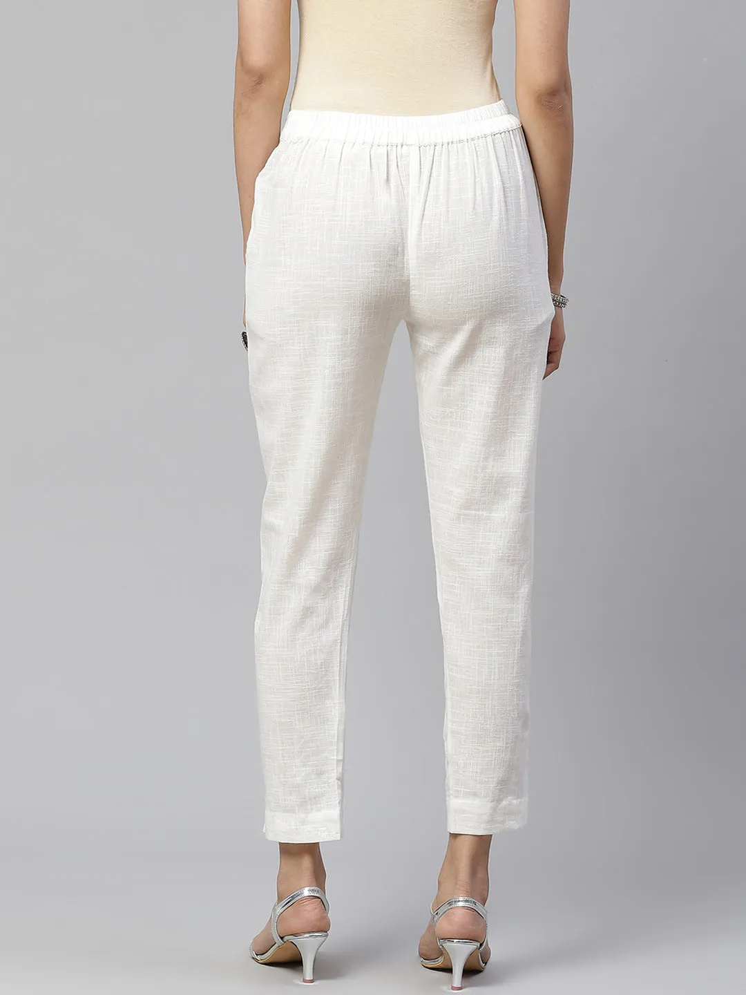 Jashvi Women Off-White Comfort Regular Fit Solid Cotton Cigarette Trousers