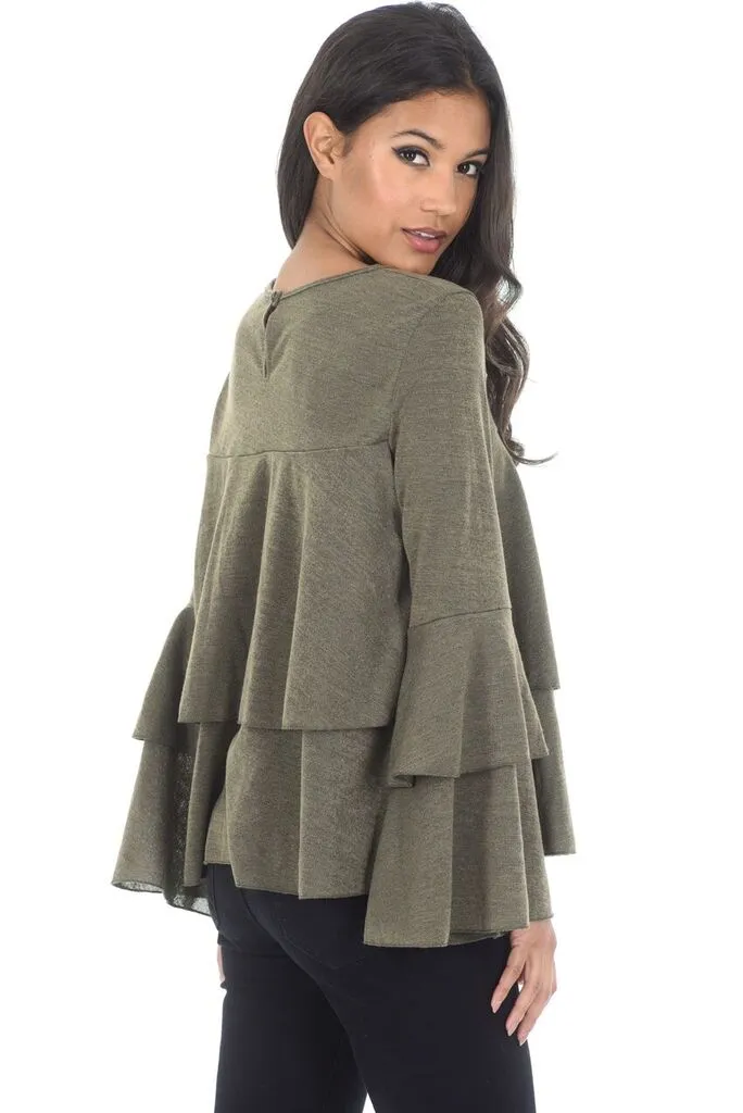 Khaki Frill Long Sleeve Jumper