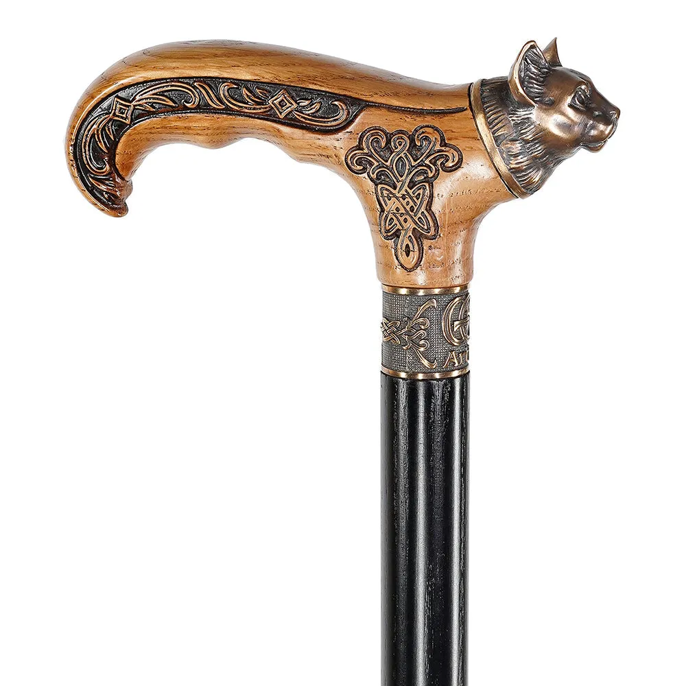 Kitty Head Bronze & Wood Artisan Intricate Handcarved Cane