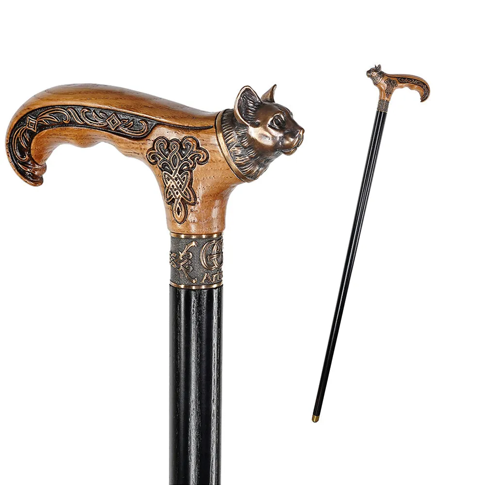 Kitty Head Bronze & Wood Artisan Intricate Handcarved Cane