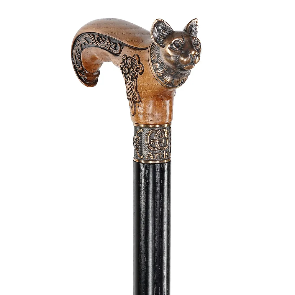 Kitty Head Bronze & Wood Artisan Intricate Handcarved Cane