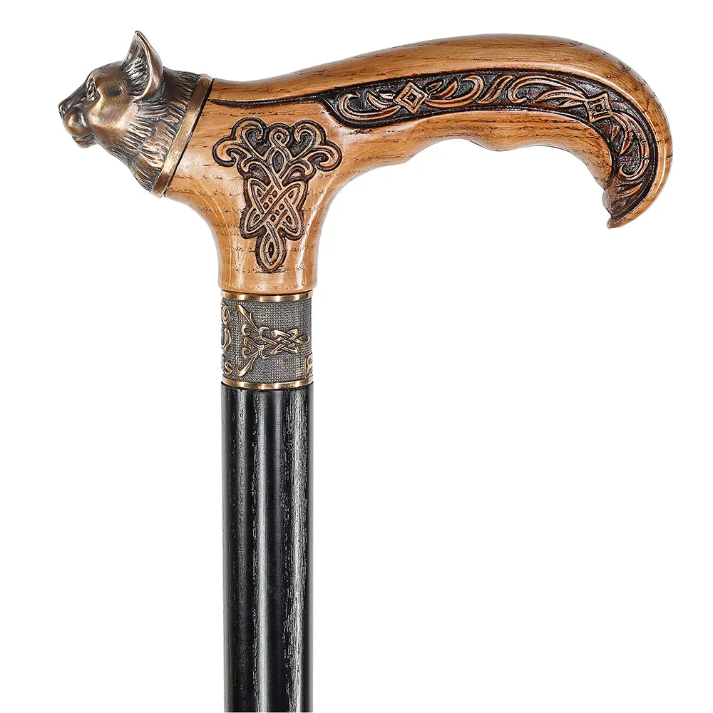 Kitty Head Bronze & Wood Artisan Intricate Handcarved Cane