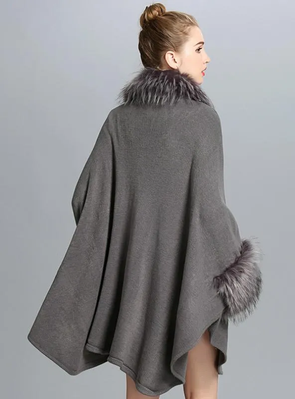 KNITTED SHAWL CARDIGAN FAUX FUR SHAWL CAPE COAT