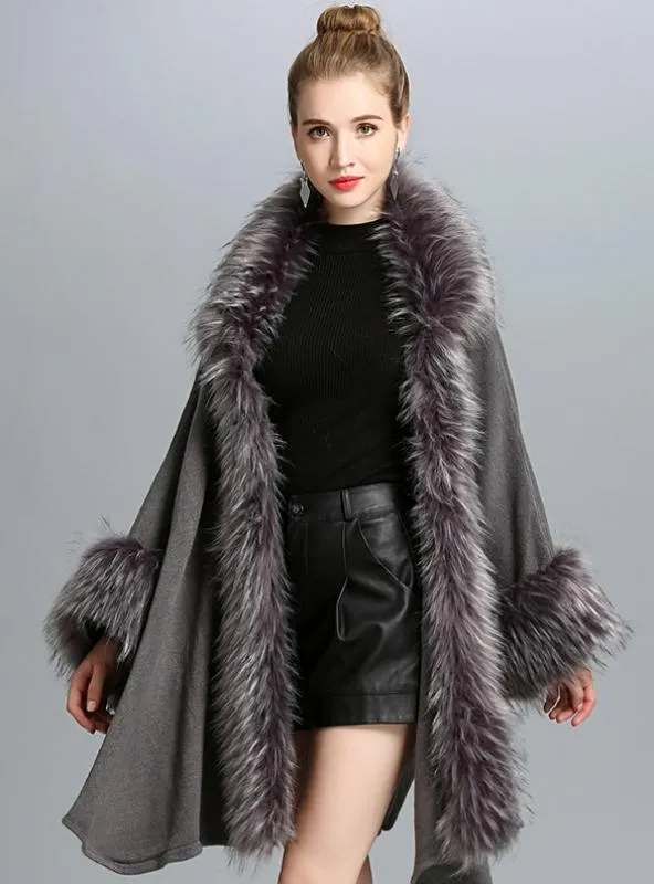 KNITTED SHAWL CARDIGAN FAUX FUR SHAWL CAPE COAT