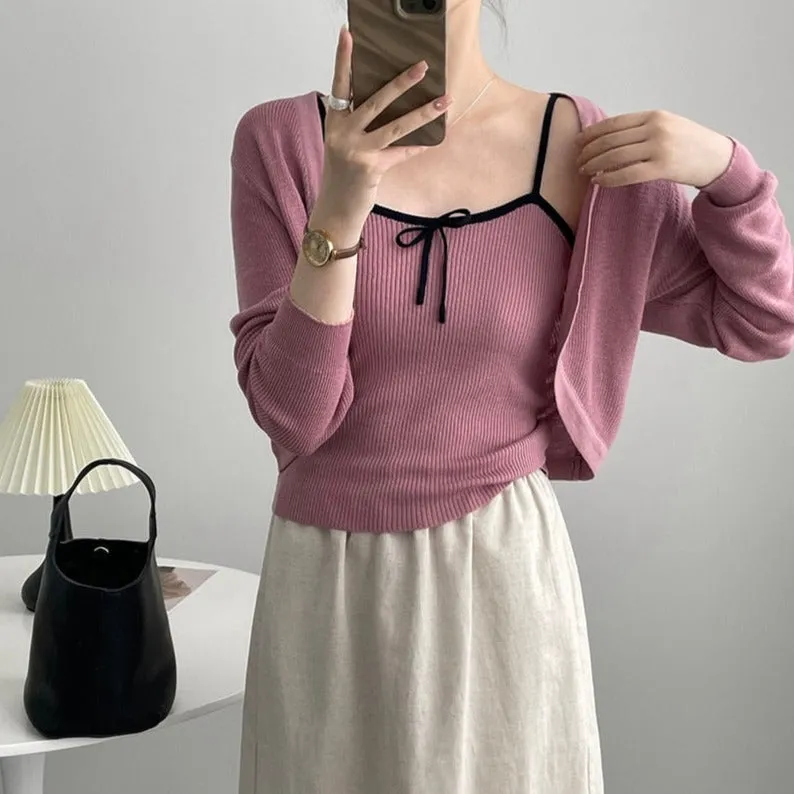 [Korean Style] Co-ord Cropped Cardigan Drawstring Knit Cami 2 pc Set