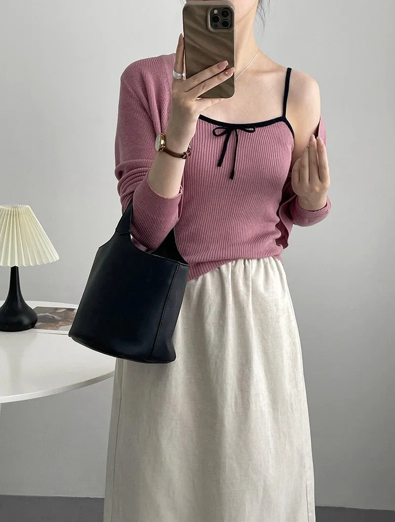 [Korean Style] Co-ord Cropped Cardigan Drawstring Knit Cami 2 pc Set