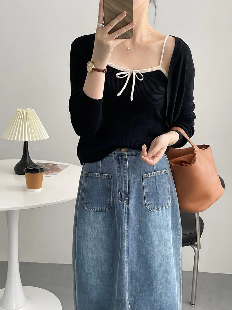 [Korean Style] Co-ord Cropped Cardigan Drawstring Knit Cami 2 pc Set