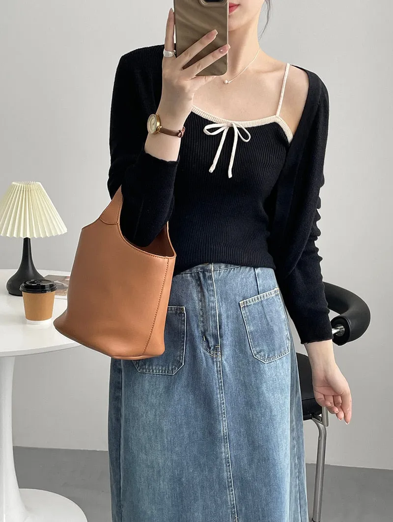 [Korean Style] Co-ord Cropped Cardigan Drawstring Knit Cami 2 pc Set