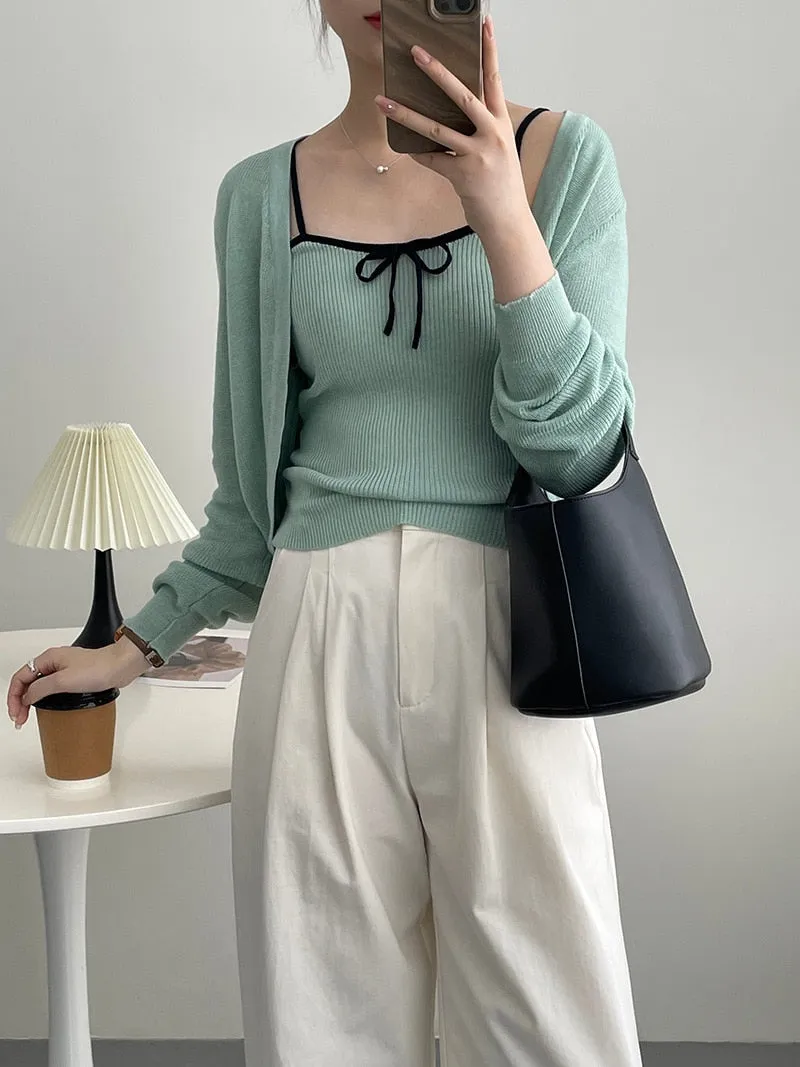 [Korean Style] Co-ord Cropped Cardigan Drawstring Knit Cami 2 pc Set