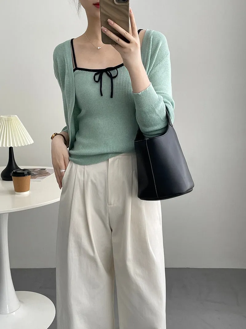 [Korean Style] Co-ord Cropped Cardigan Drawstring Knit Cami 2 pc Set