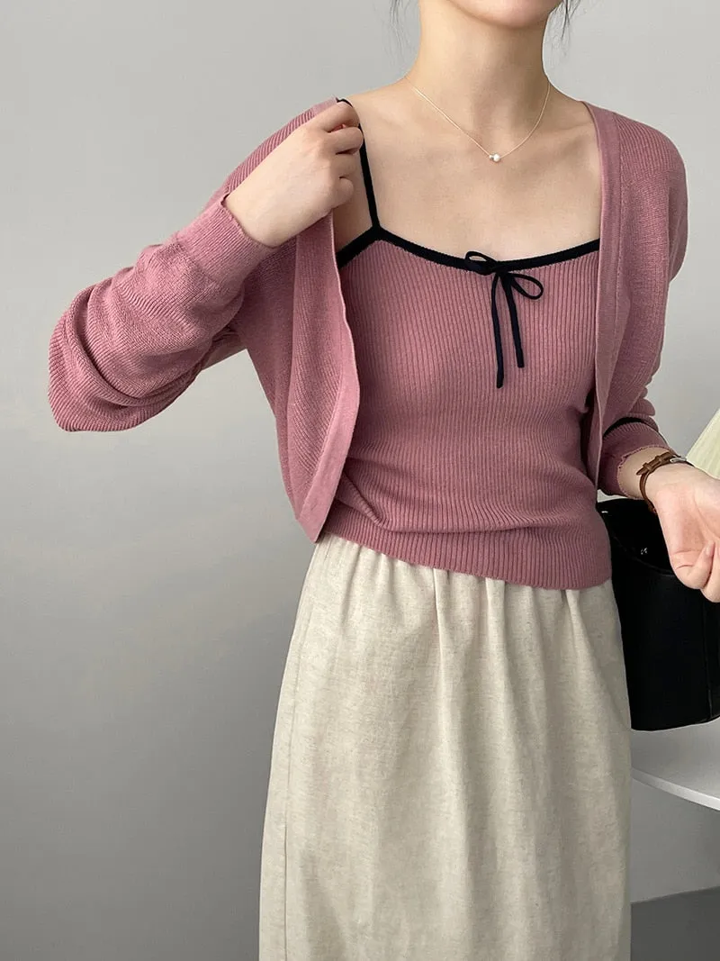 [Korean Style] Co-ord Cropped Cardigan Drawstring Knit Cami 2 pc Set