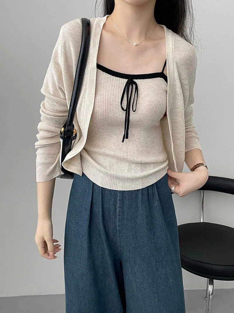 [Korean Style] Co-ord Cropped Cardigan Drawstring Knit Cami 2 pc Set