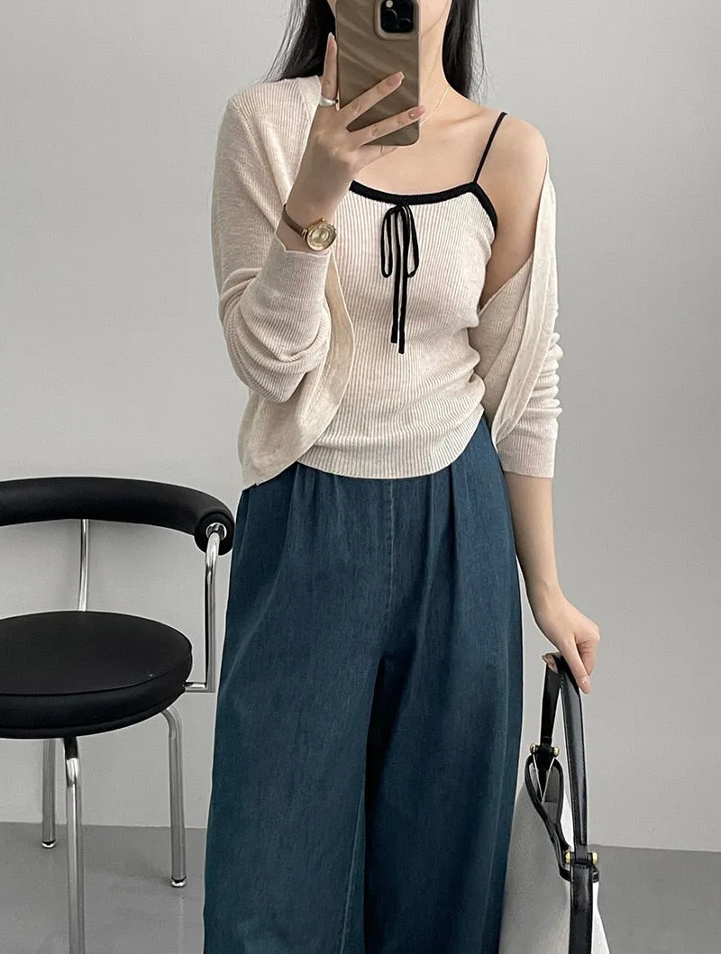 [Korean Style] Co-ord Cropped Cardigan Drawstring Knit Cami 2 pc Set