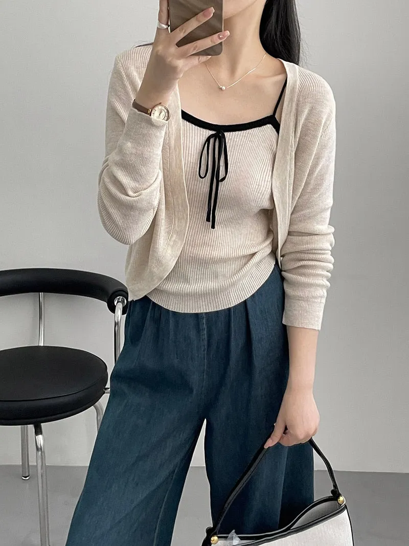 [Korean Style] Co-ord Cropped Cardigan Drawstring Knit Cami 2 pc Set