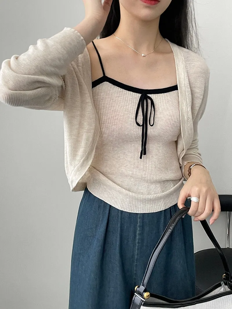 [Korean Style] Co-ord Cropped Cardigan Drawstring Knit Cami 2 pc Set