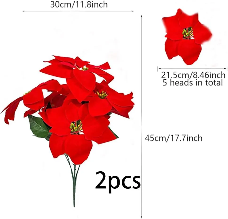 KROGER 2PCSArtificial Silk Poinsettia Bouquet Poinsettia Flowers Christmas Flowers Red Fake Velvet Poinsettia Flowers for Home Garden Wedding Home Xmas Tree Table Centerpiece Holiday Decor