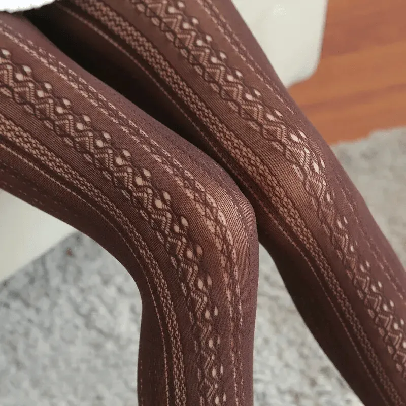 Lace Knitted Cotton Tights Hollow Out Striped Stockings Pantyhose