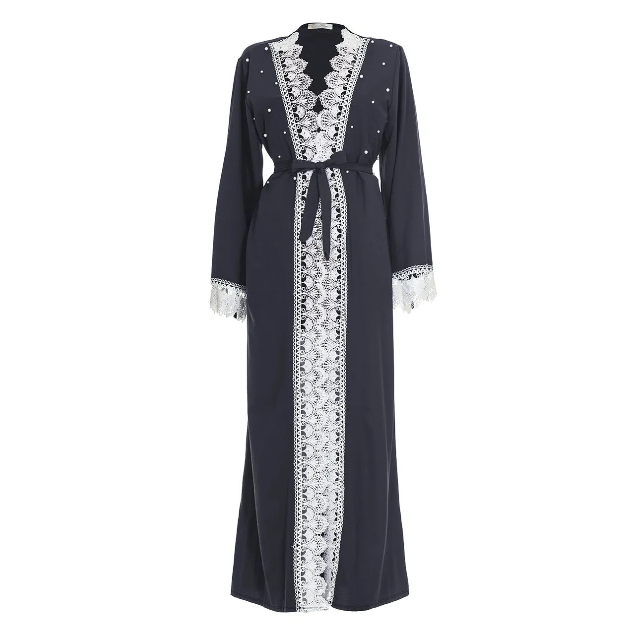Lace Trim Open Full Length Maxi Overcoat Dress