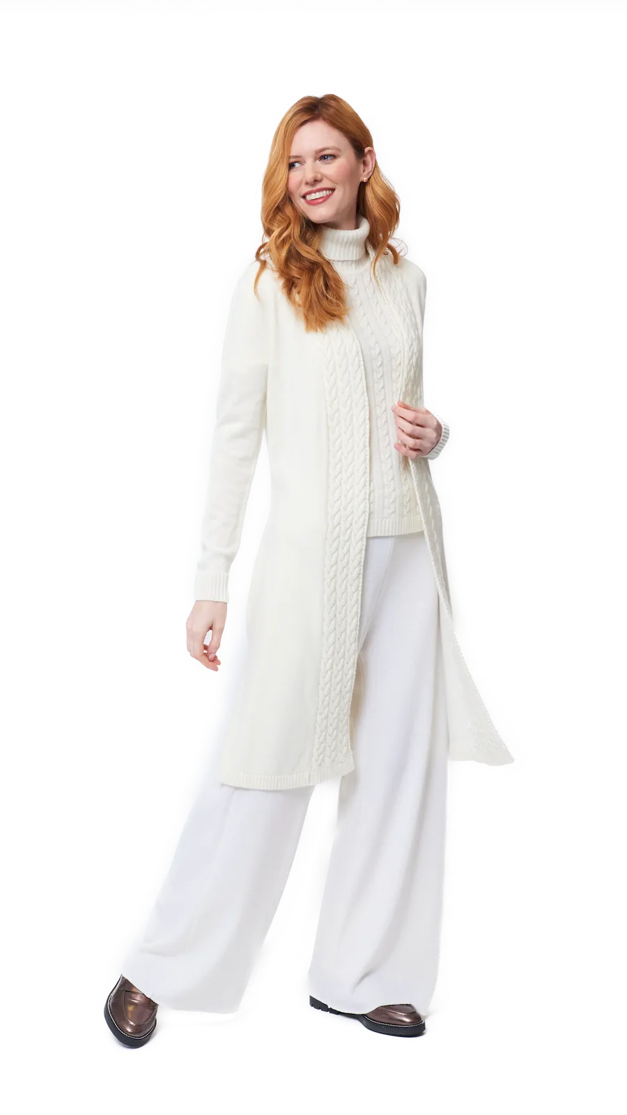 Leana Cable-Knit Belted Coat ; Winter White