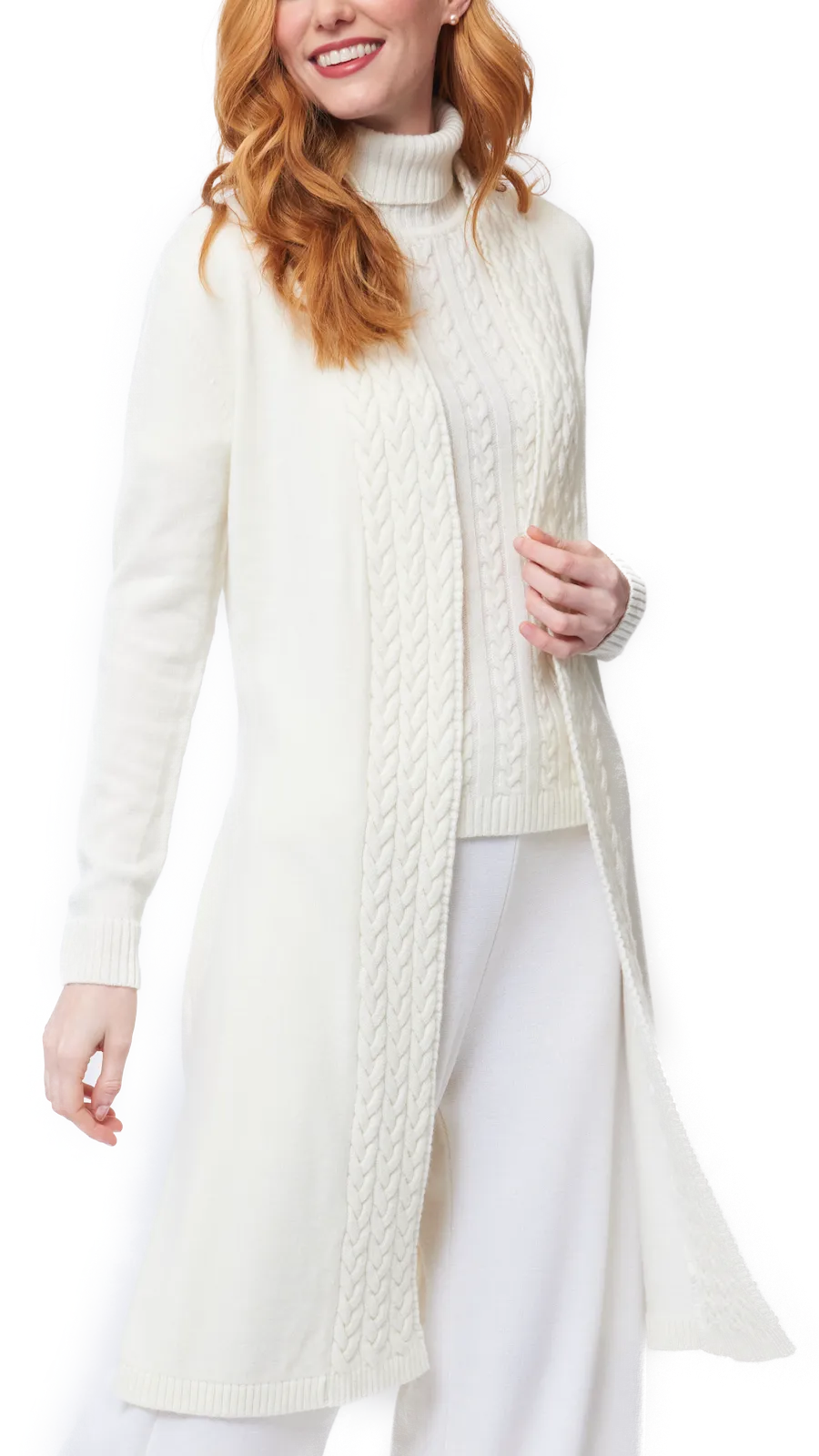 Leana Cable-Knit Belted Coat ; Winter White