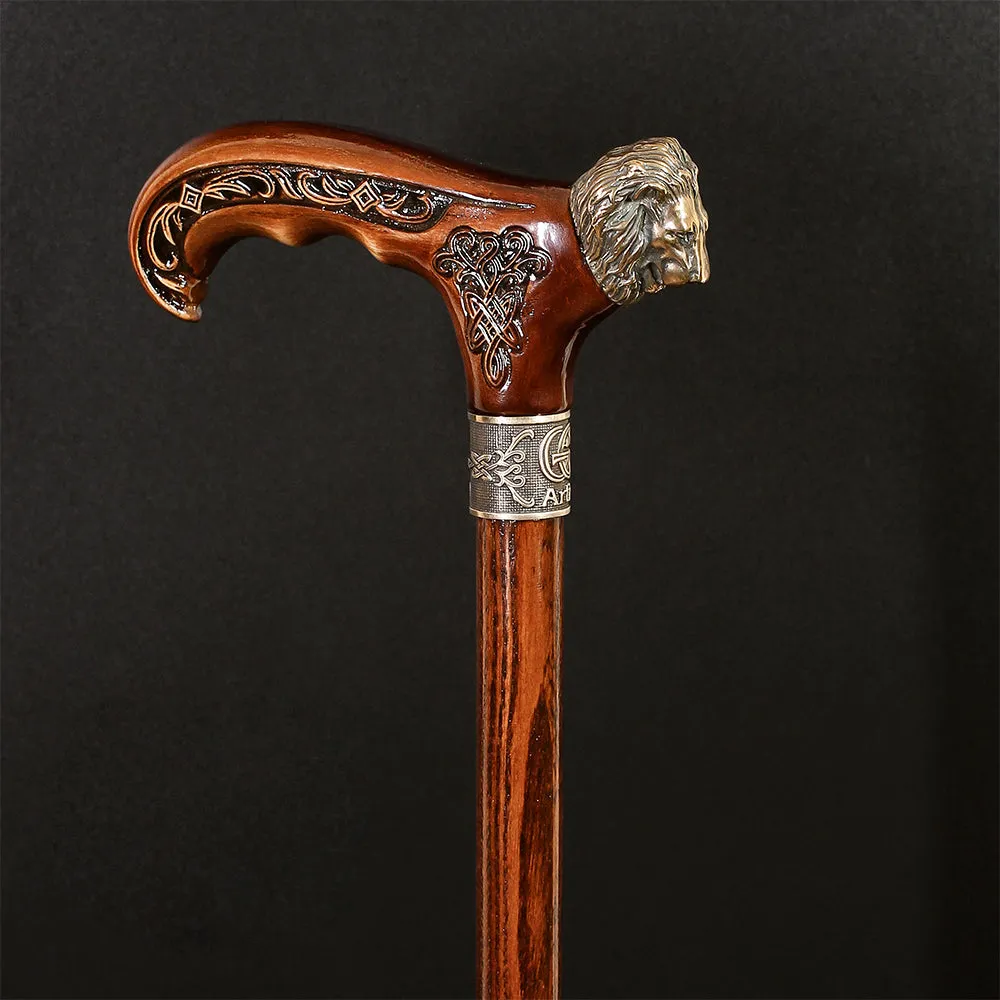 Lion Head Bronze & Wood Artisan Intricate Handcarved Cane