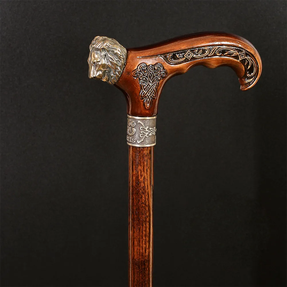 Lion Head Bronze & Wood Artisan Intricate Handcarved Cane